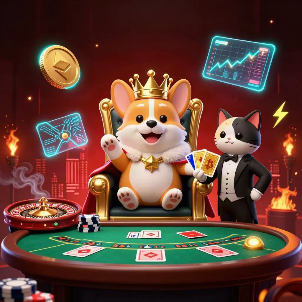 Royal corgi and cat butler on a chip throne amid neon coins and casino effects.