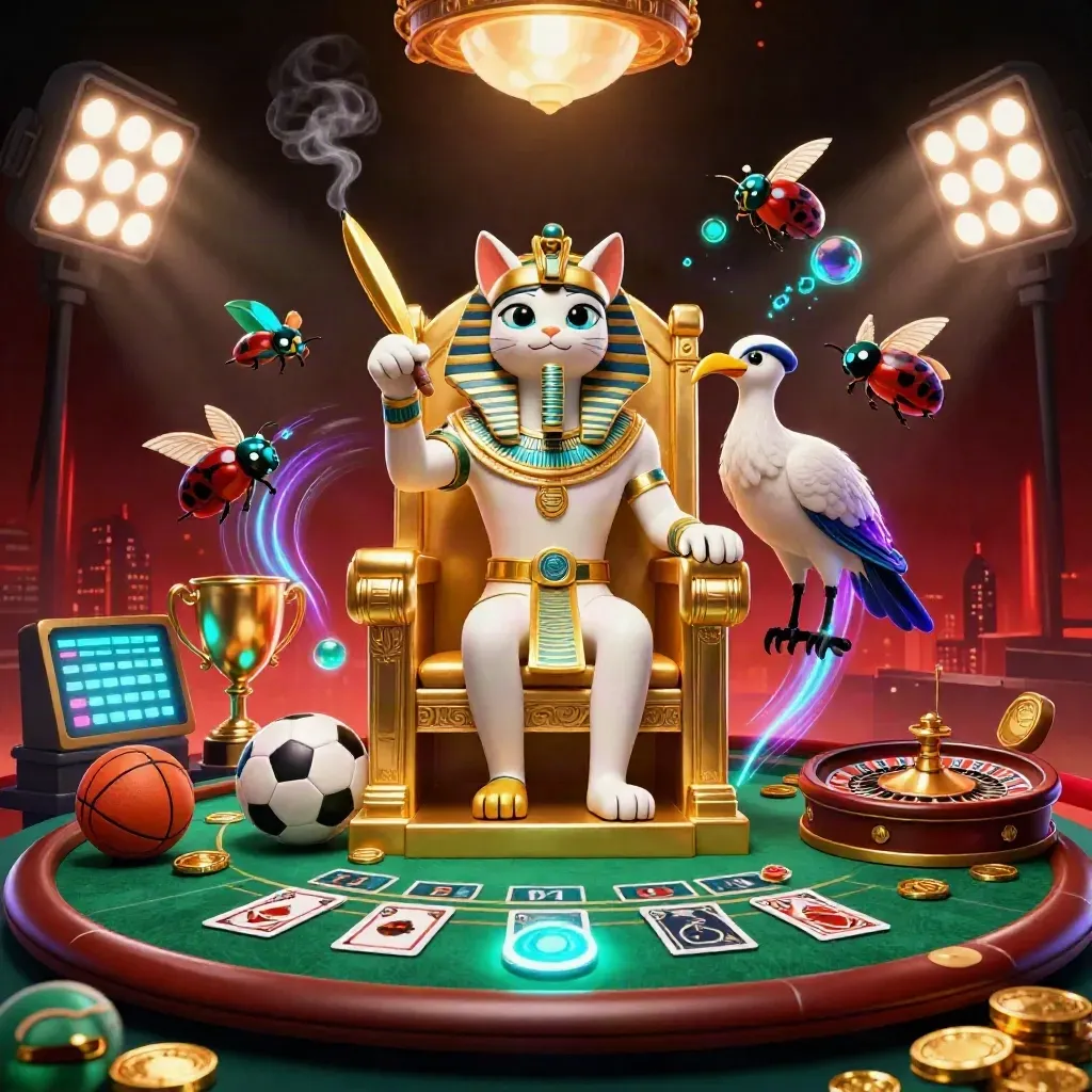 Pharaoh cat, ibis scribe, and gem-winged scarabs amid casino lights, balls, trophy, and glowing tables