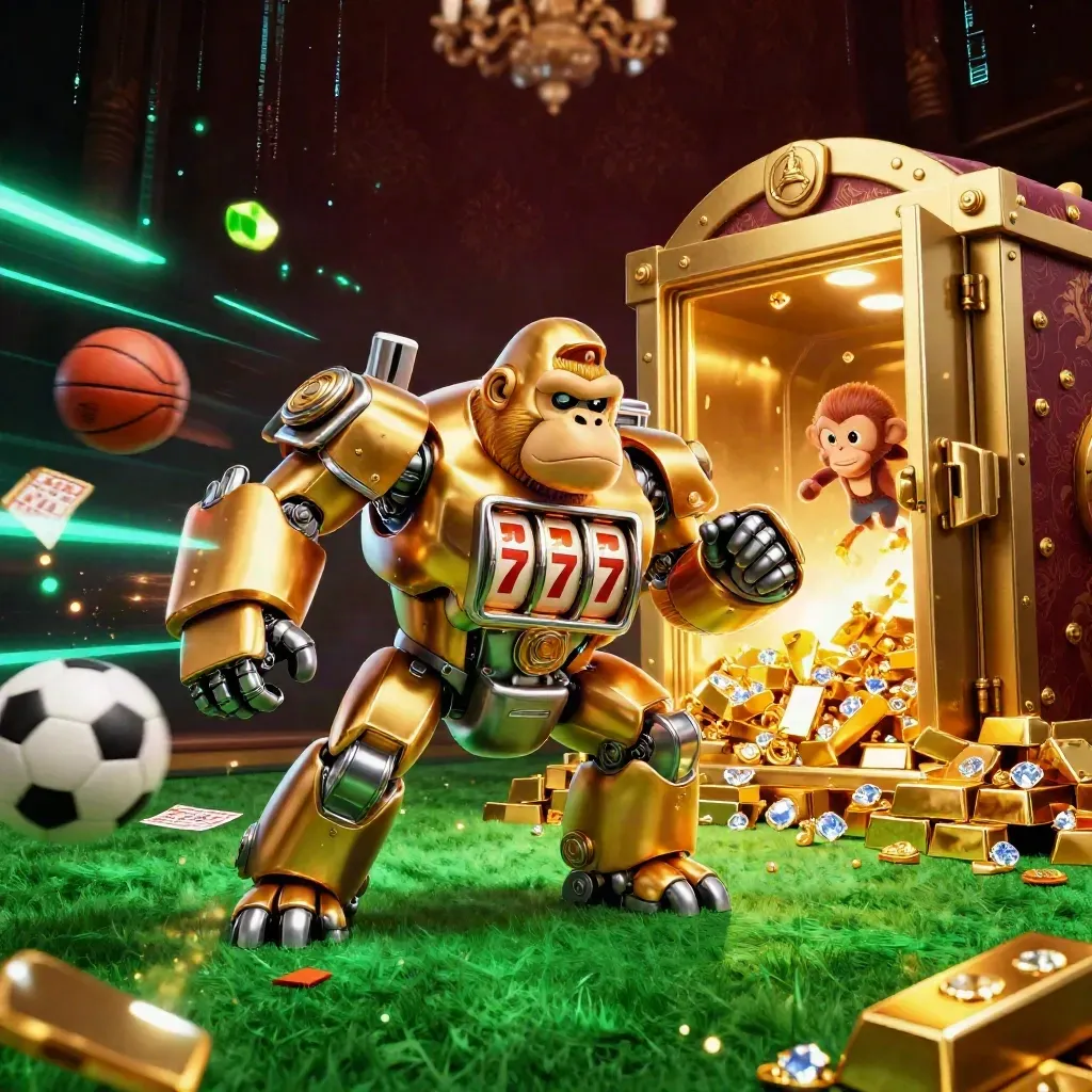 Golden gorilla slot-mech bursts with vault light, gold, gems, neon bolts and sports balls.