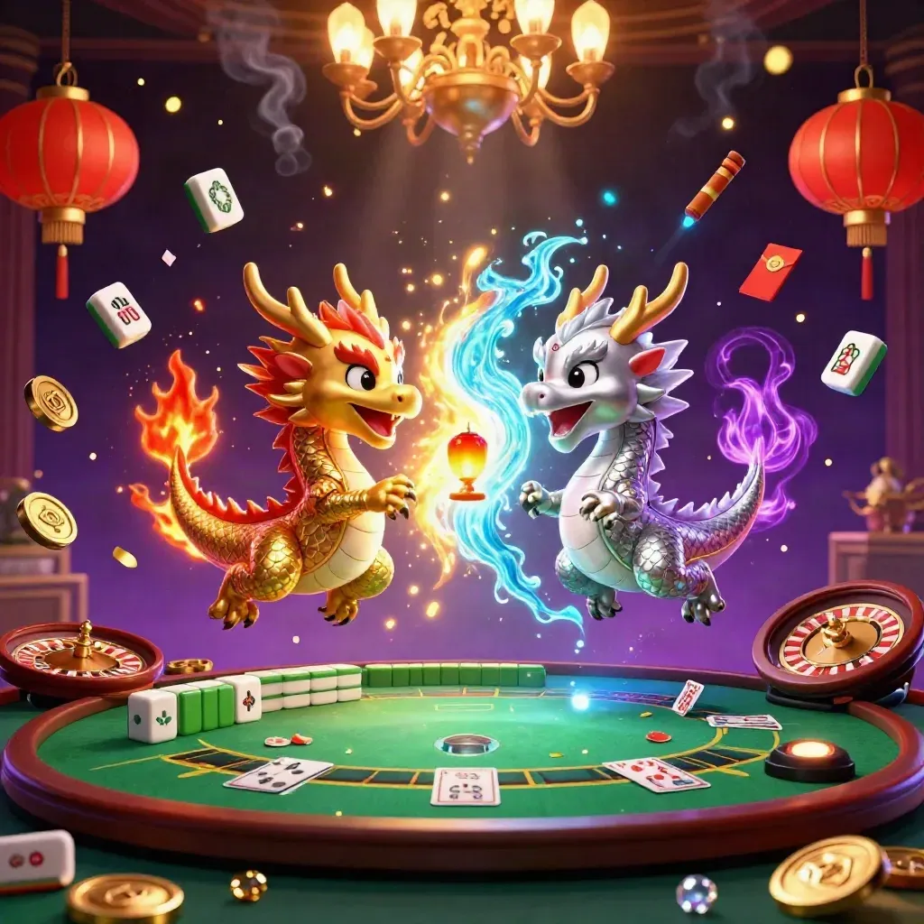 Twin gold and silver dragons swirl above casino luxuries in a starry purple glow
