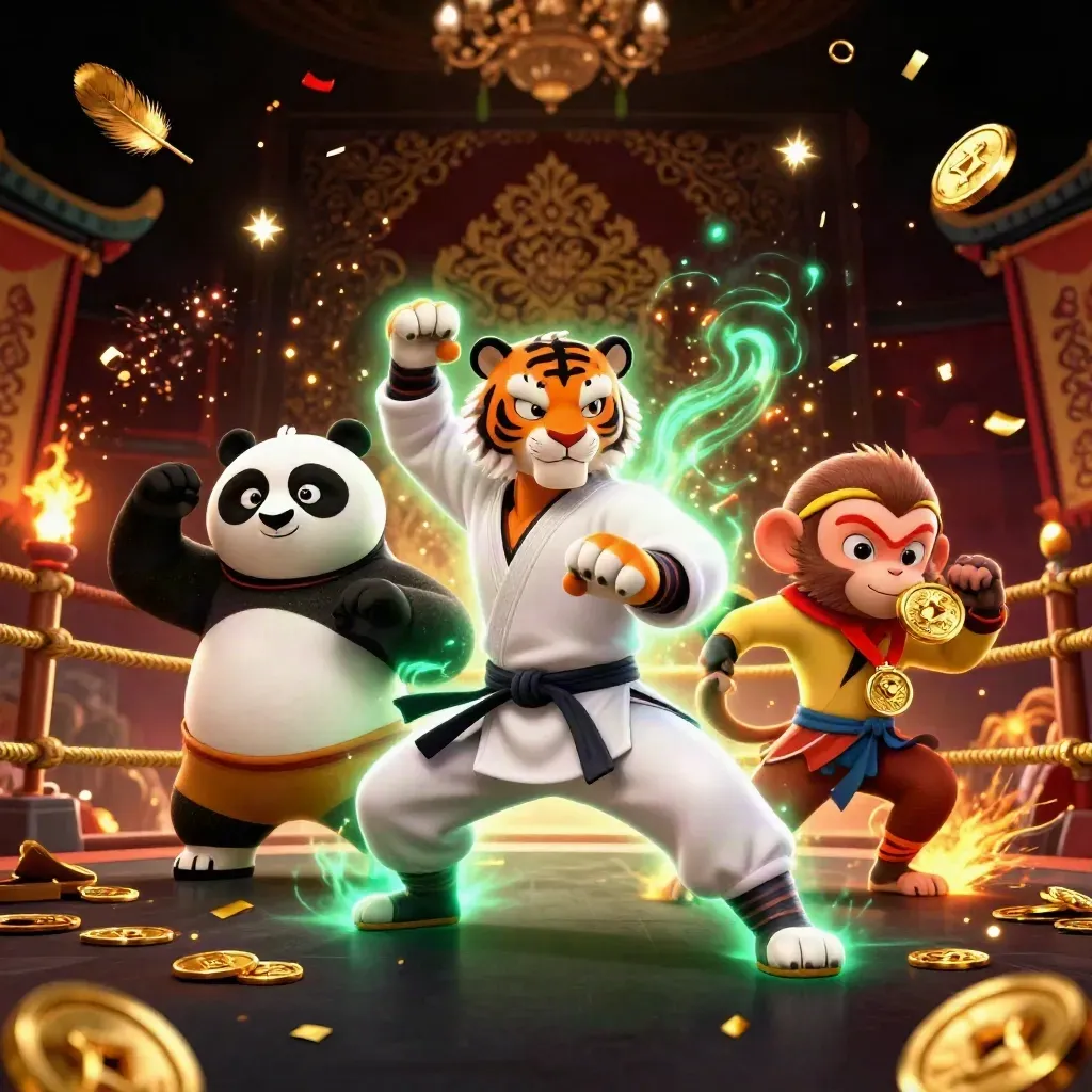 Kung-fu tiger, panda, and monkey amid gold bursts, temple ring, confetti, and neon casino magic.