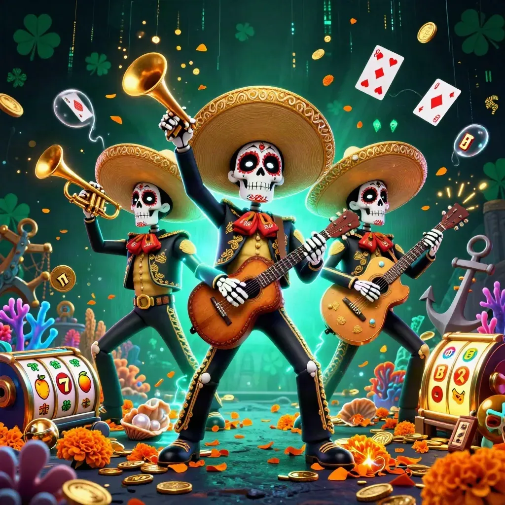 Skeleton mariachi trio amid underwater treasure, neon cyan energy, coins, coral, and casino symbols.