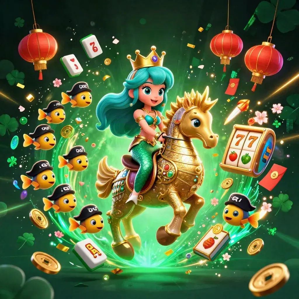 Mermaid princess rides an armored seahorse amid casino symbols, coins, lanterns, and neon effects.