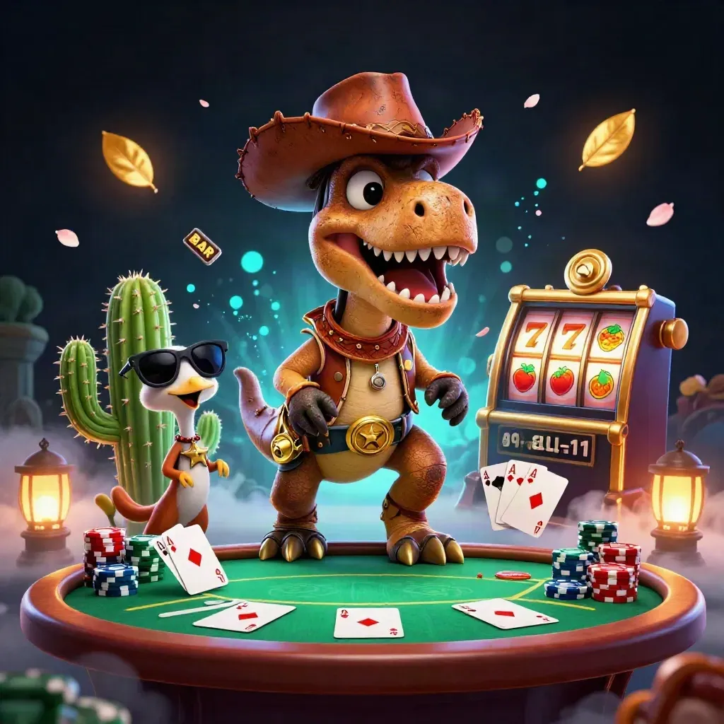 Cowboy T-Rex, cactus sidekick, and roadrunner burst from a glowing casino table with chips and reels.