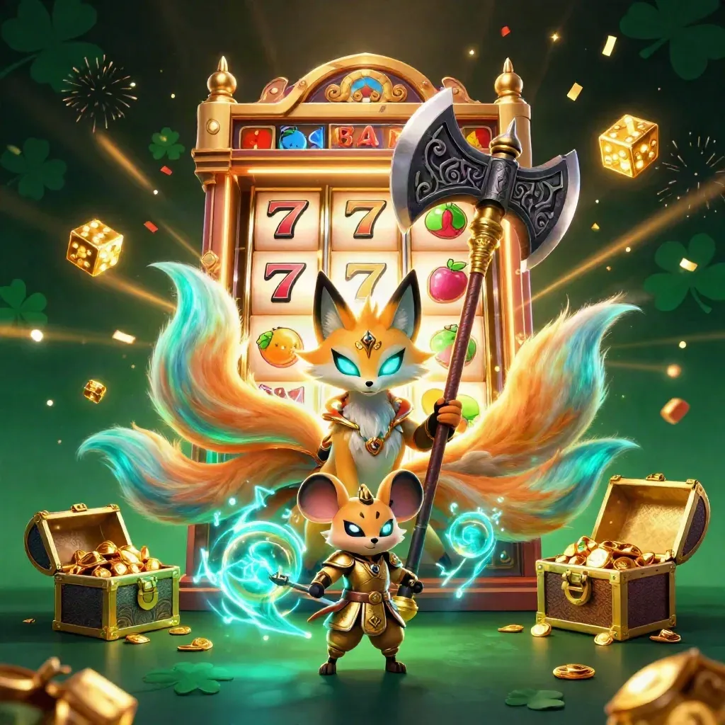 Fox spirit, golden samurai mouse, exploding slot machine, gold dice, and an axe-shaped centerpiece.