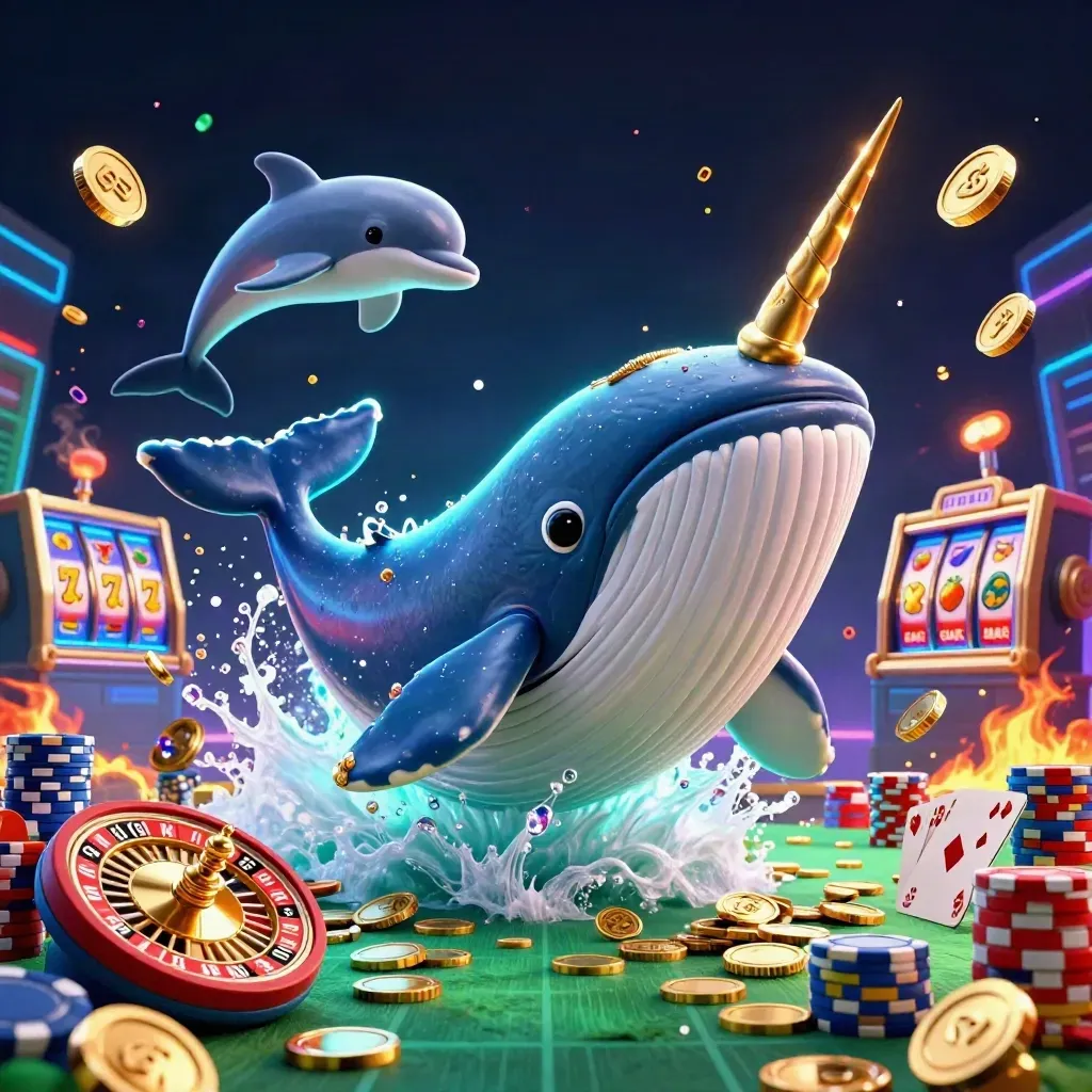 Captain whale, narwhal, and dolphins burst through casino coins in neon glow.